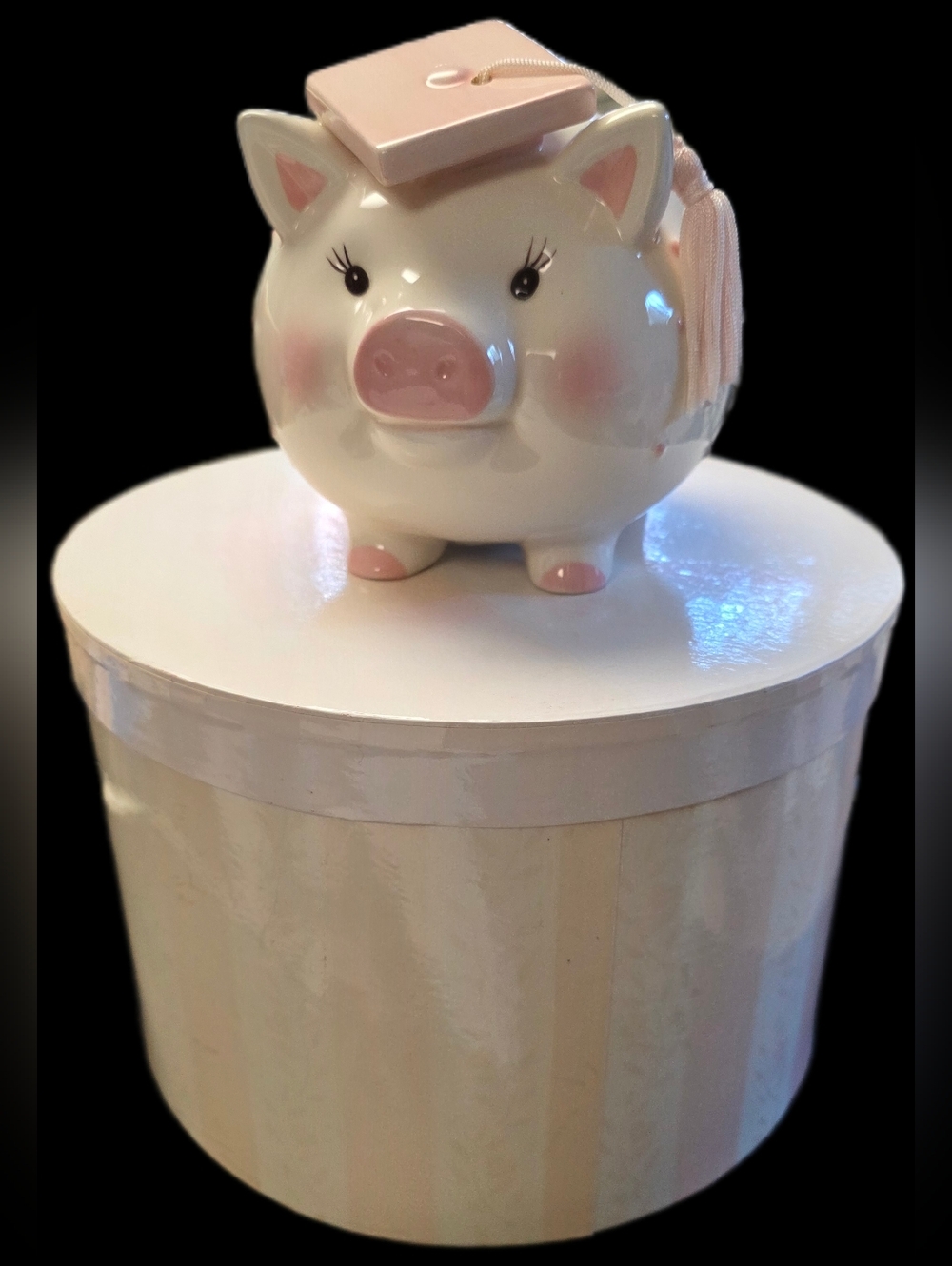 Ceramic Piggy Bank with Graduation Cap - White & Pink
